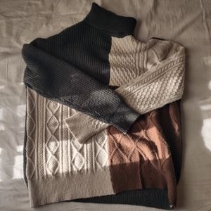 American Threads Colorblock Turtleneck Olive Green, Brown, and Cream - Medium